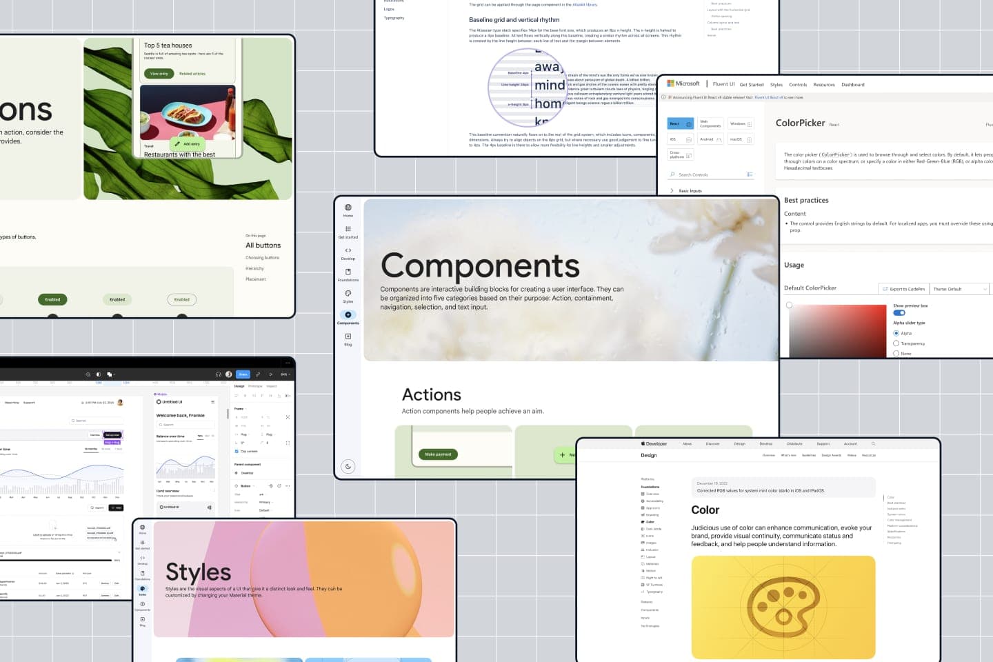 This image showcases various UI design elements and components, including 'Components,' 'Actions,' and 'Styles.' The mood is clean and modern, with a focus on user interface design principles. The visual elements include website mockups, color palettes, and design guidelines, all presented on a grid background.